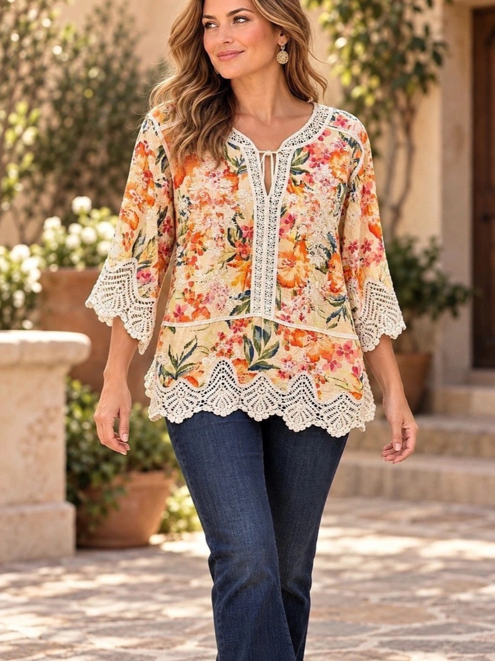 Democracy Floral Embroidered Crochet Trim Boho Blouse M